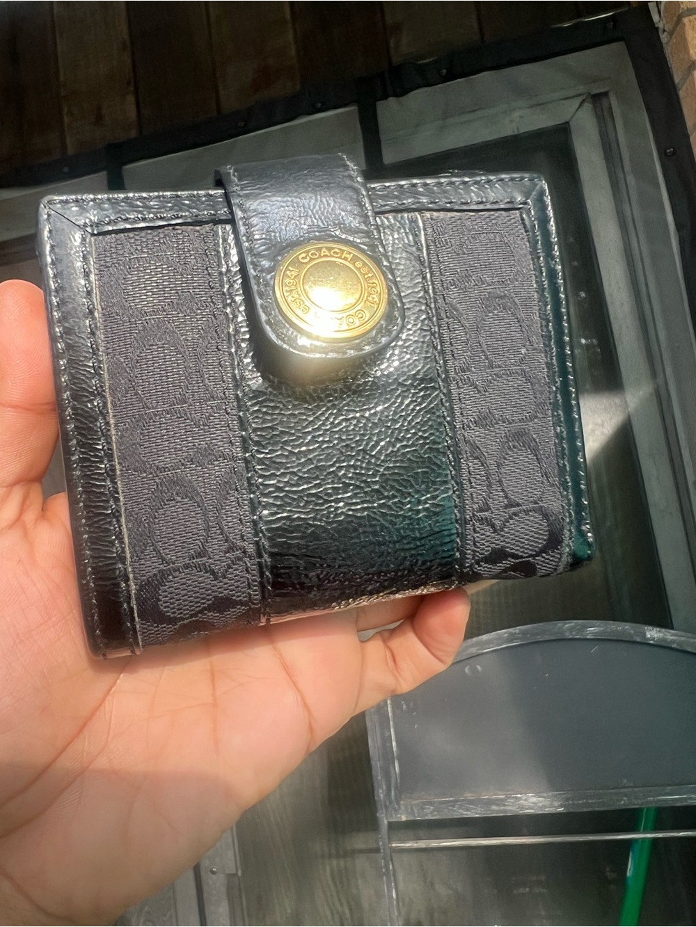 Coach Black Signature Leather & Jacquard Card Holder with Gold Emblem